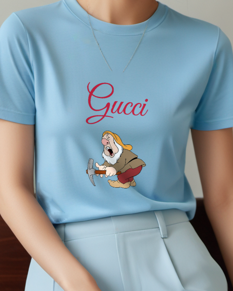 Sky Blue Sneezy Crouching Yelling With Pickaxe Graphic T-Shirt - model wearing view