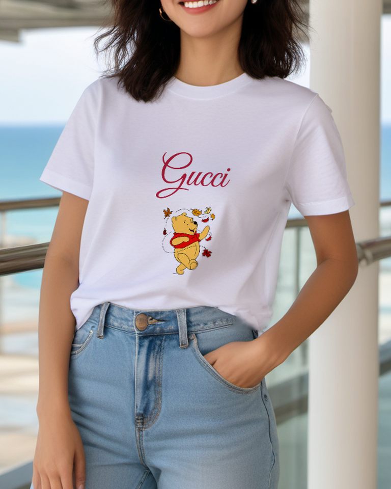 White Autumn Leaves Bear Graphic T-Shirt - styled view 5