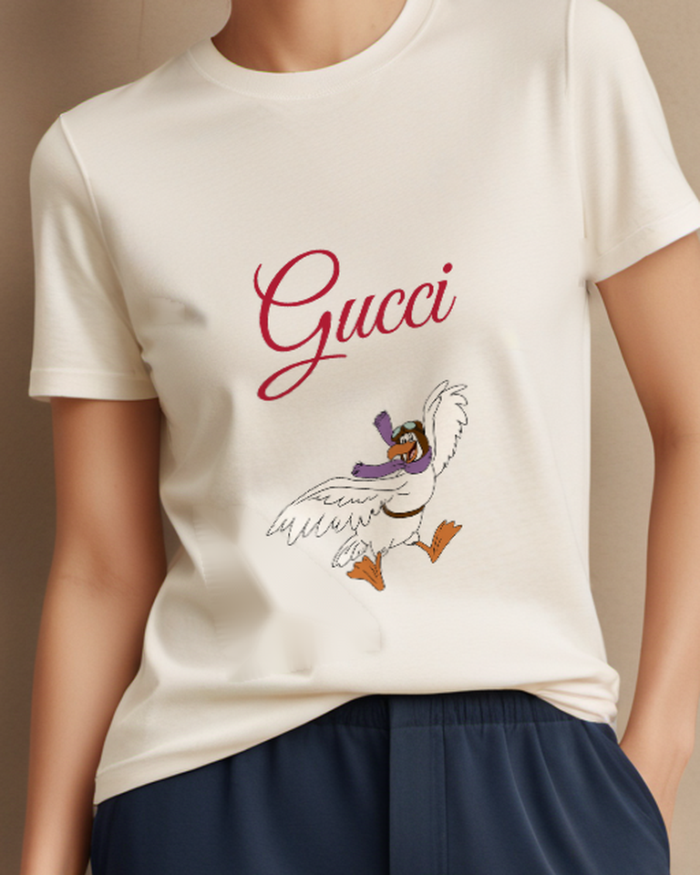 Ivory White Bird In Flight With Scarf Graphic T-Shirt - model wearing view