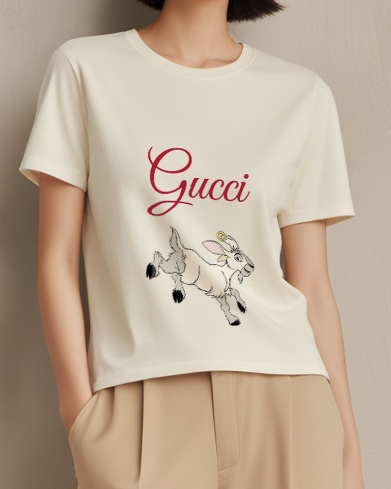 Ivory Goat Running With Golden Ring Graphic T-Shirt - model wearing view