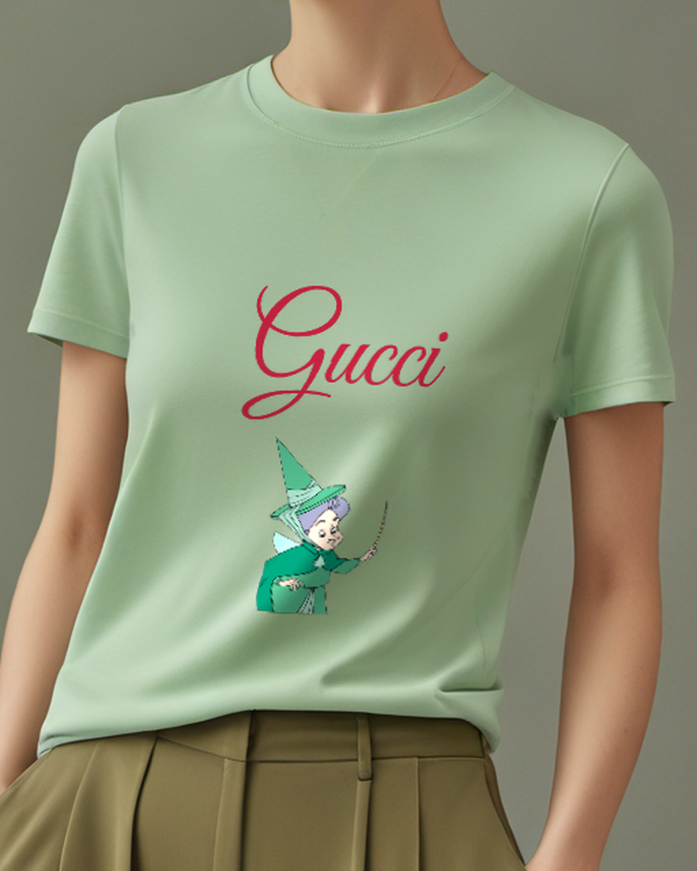 Sage Green Witch In Green Robe Holds Wand Graphic T-Shirt - model wearing view