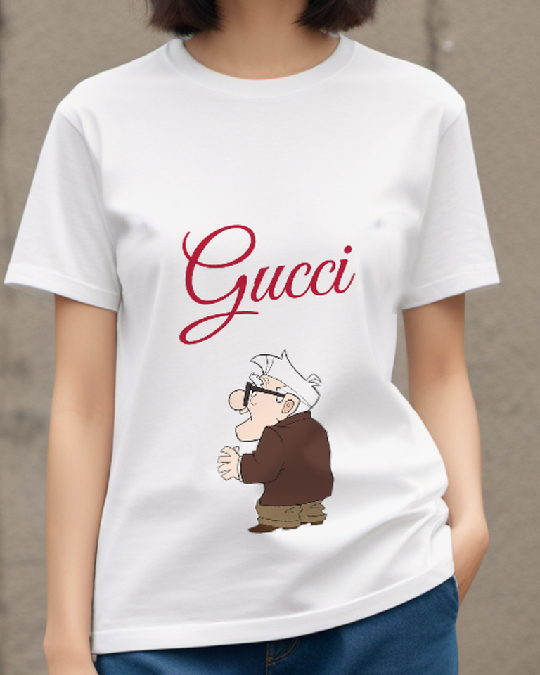 White Old Man In Brown Coat Graphic T-Shirt - model wearing view