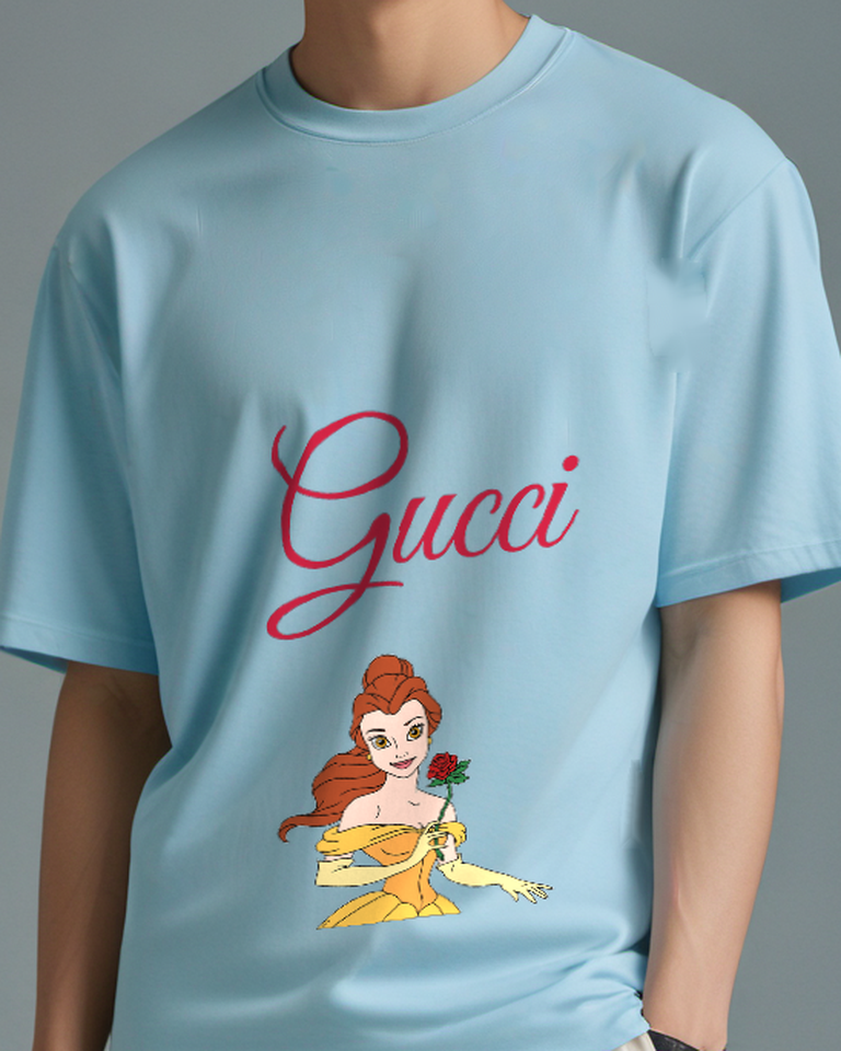 Sky Blue Belle Holding Rose In Yellow Gown Graphic T-Shirt - model wearing view
