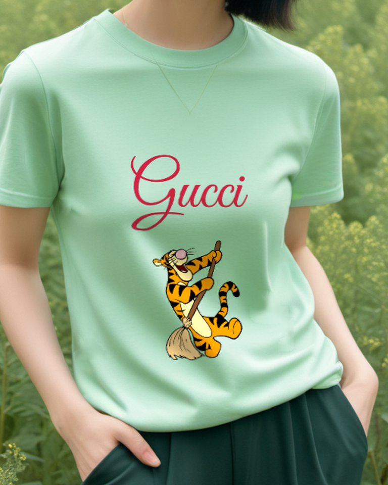 Sage Green Tiger With Small Golden Pot Graphic T-Shirt - model wearing view