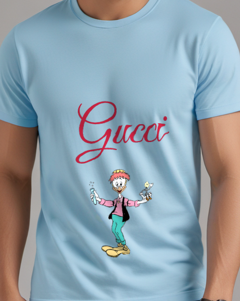 Sky Blue Gyro Holding Test Tube And Tiny Figure Graphic T-Shirt - model wearing view