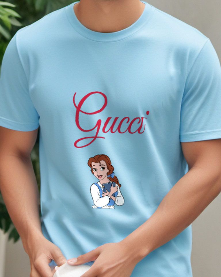 Sky Blue Belle Holding A Book Graphic T-Shirt - model wearing view