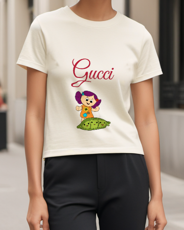 White Doll And Smiling Pea Pod Graphic T-Shirt - model wearing view