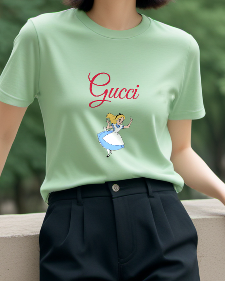 Sage Green Alice Running With Arms Raised Graphic T-Shirt - model wearing view