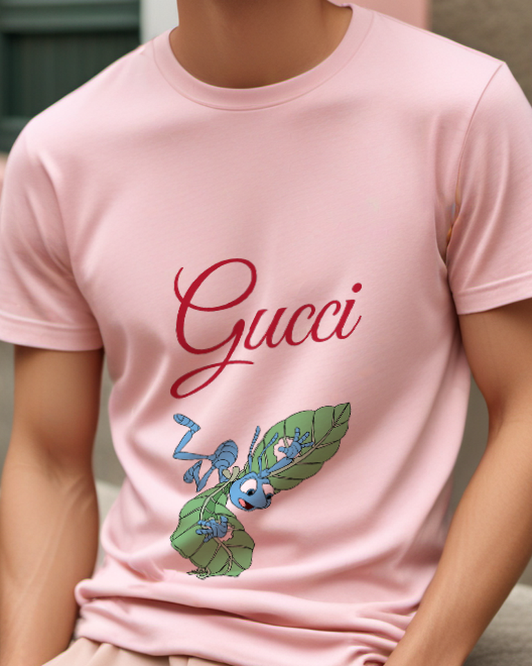Blush Pink Blue Ant Falling On Leaves Graphic T-Shirt - model wearing view