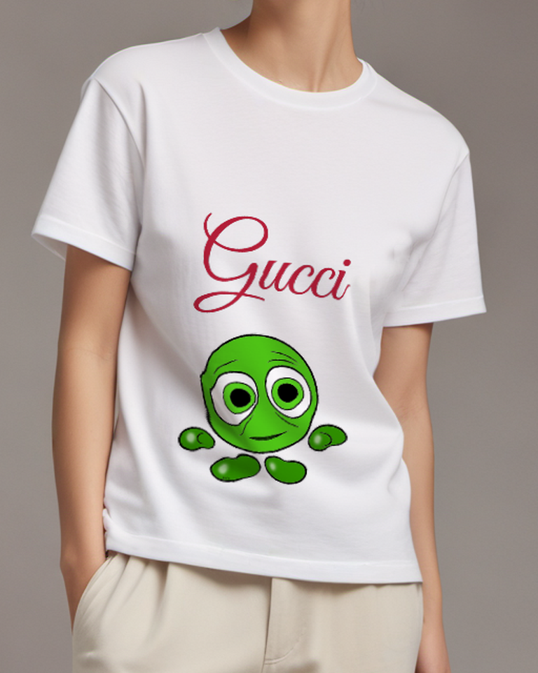 White Green Round Faced Cartoon Character Graphic T-Shirt - model wearing view