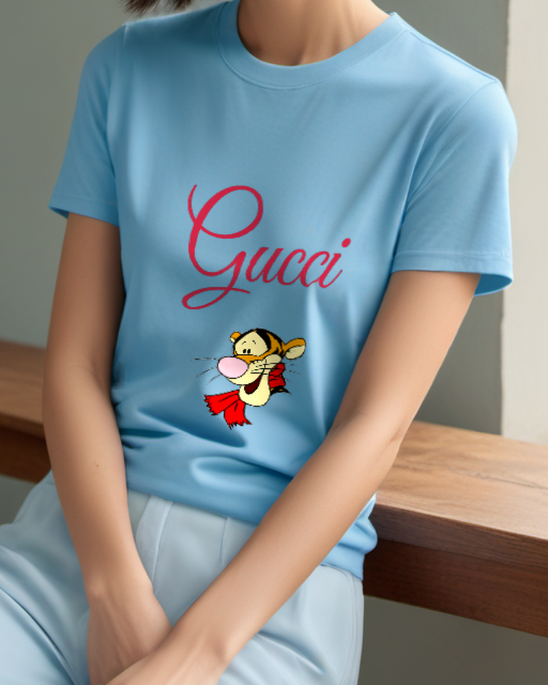 Dusty Blue Tiger Wearing Red Scarf Graphic T-Shirt - model wearing view