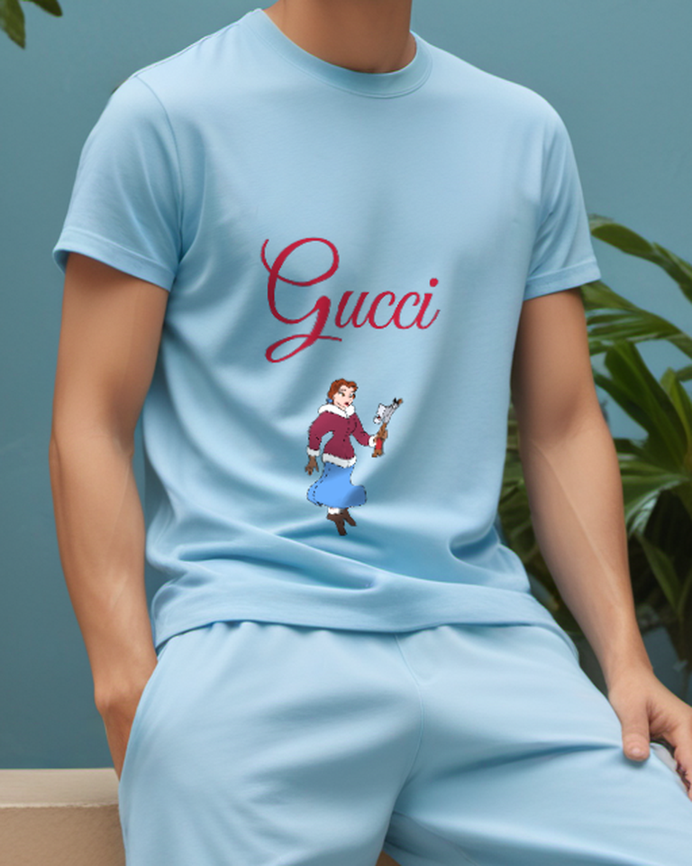 Sky Blue Belle Holding Axe In Hand Graphic T-Shirt - model wearing view