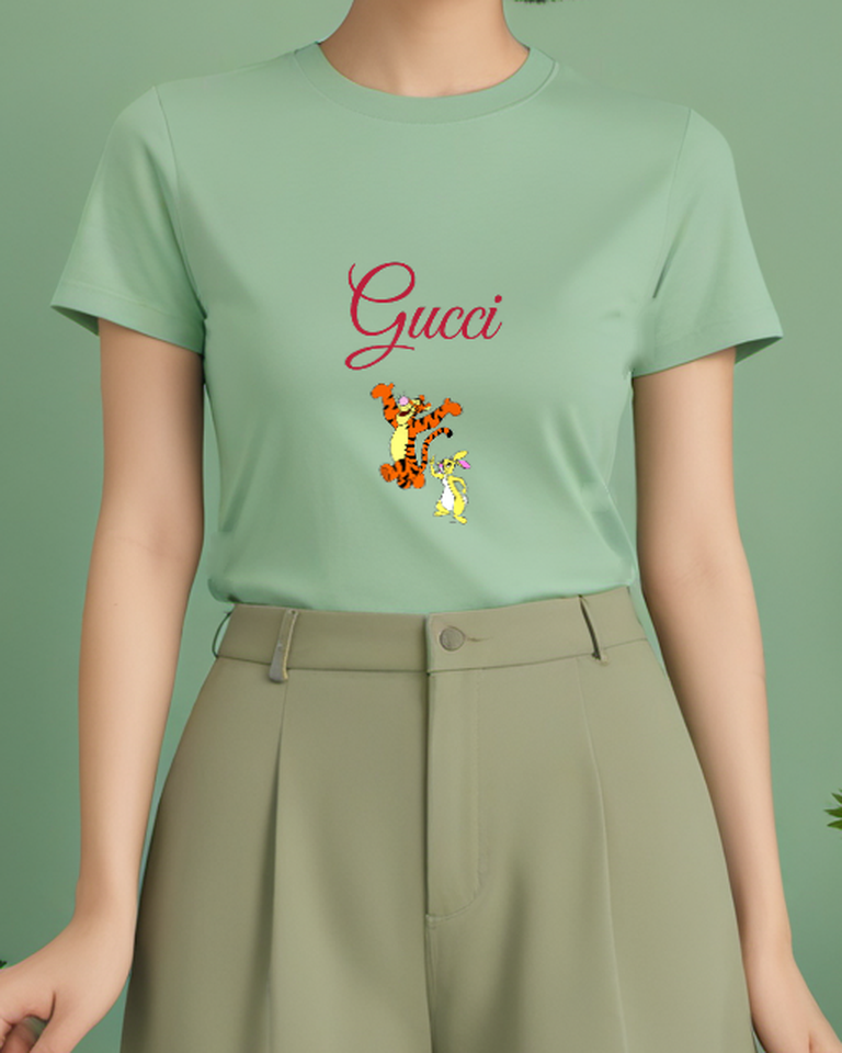Sage Green Tiger And Pale Rabbit Graphic T-Shirt - model wearing view