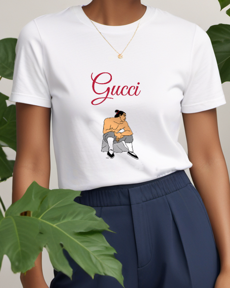White Seated Martial Artist Folded Arms Graphic T-Shirt - model wearing view