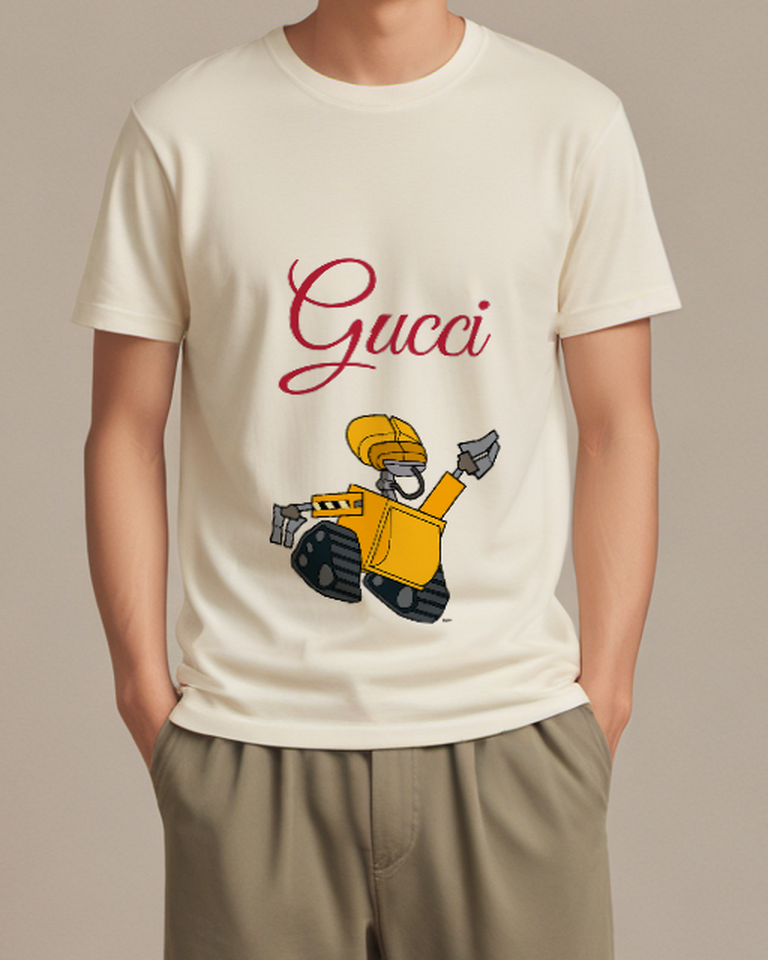 Ivory Yellow Robot With Tank Treads Graphic T-Shirt - model wearing view