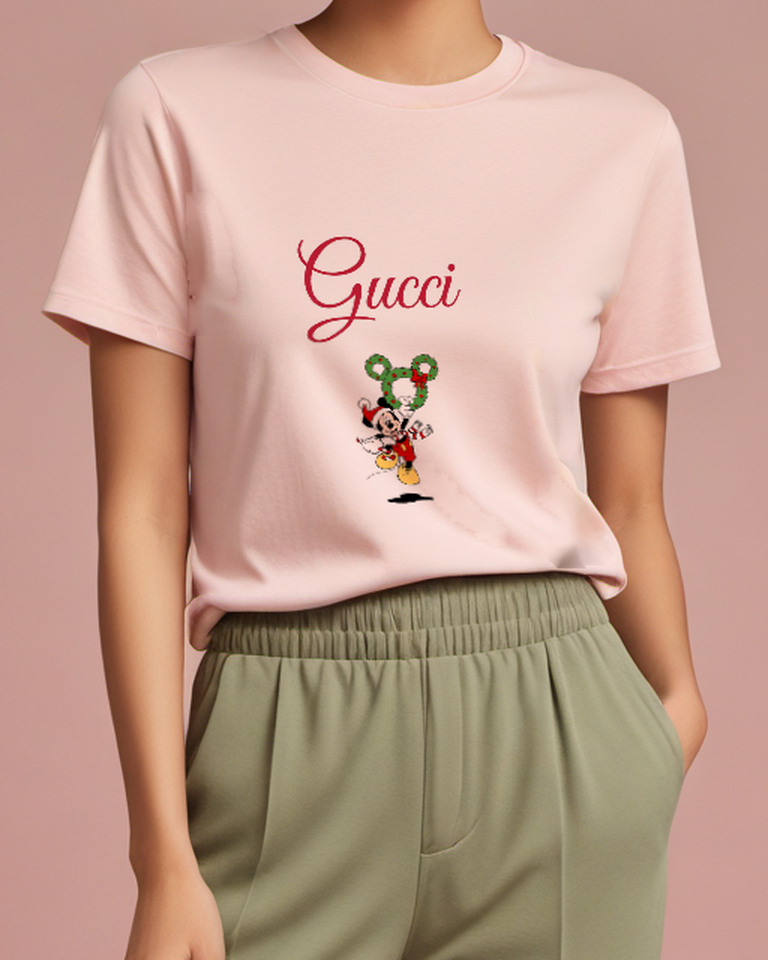 Blush Pink Holiday Mouse Garland Graphic T-Shirt - model wearing view