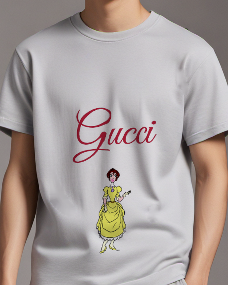 Light Gray Cartoon Woman In Yellow Dress Graphic T-Shirt - model wearing view