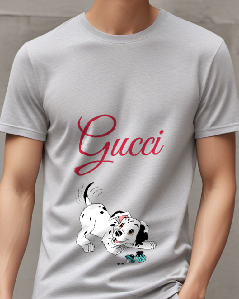 Light Gray Dalmatian Puppy Playfully Spills Ink Graphic T-Shirt - model wearing view