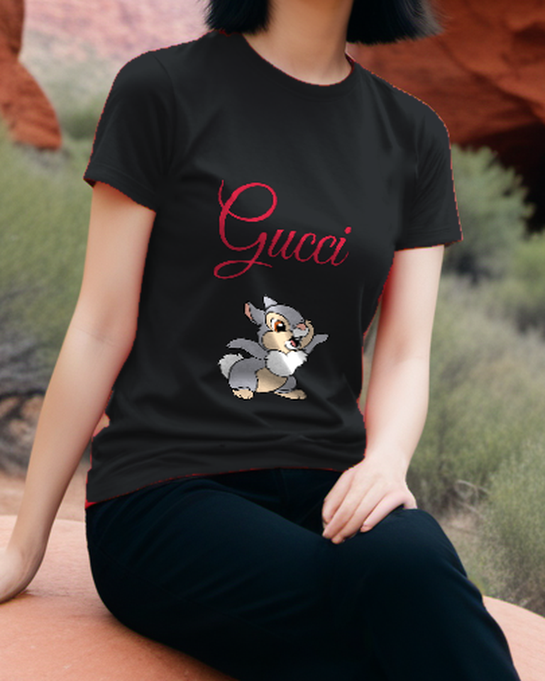 Black Smiling Gray Rabbit Graphic T-Shirt - styled view 3