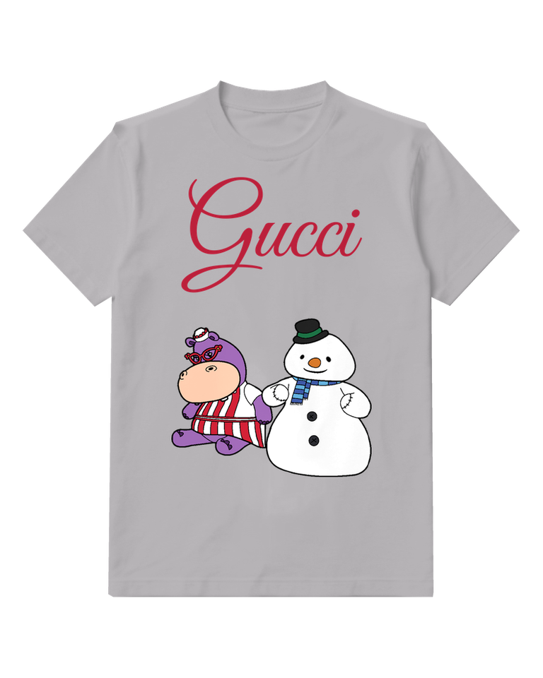 Light Gray Purple Hippo And Snowman Together Graphic T-Shirt - front product view