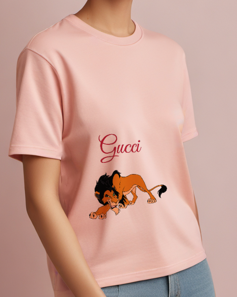 Blush Pink Lion Low Crouch Graphic T-Shirt - model wearing view