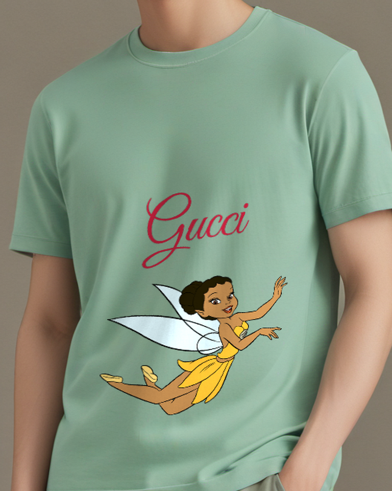 Sage Green Fairy In Mid Flight With Wings Graphic T-Shirt - model wearing view