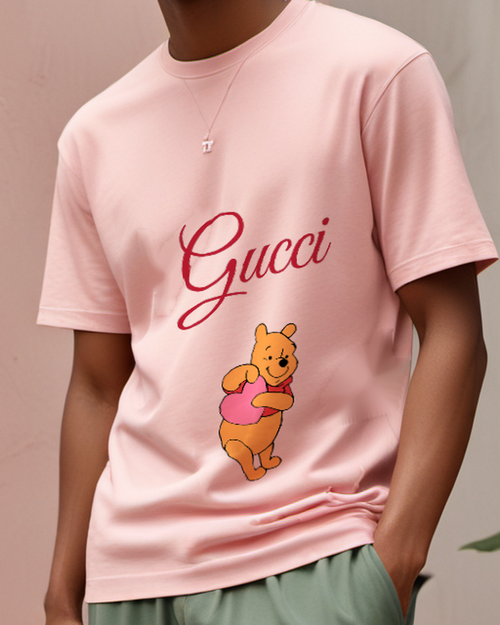 Blush Pink Bear Pink Heart Hug Graphic T-Shirt - model wearing view