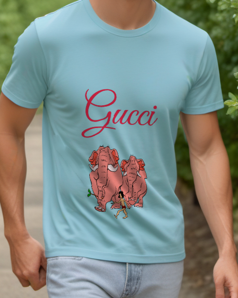 Dusty Blue Three Red Elephants And Boy Graphic T-Shirt - model wearing view