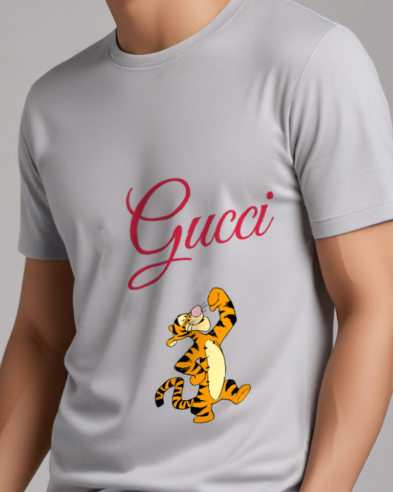 Light Gray Skipping Stripe Tiger Graphic T-Shirt - model wearing view