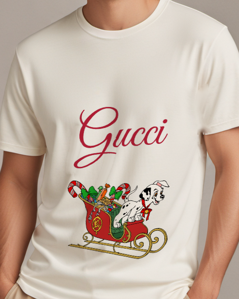 Light Gray Dalmatian Puppy In Red Sleigh Graphic T-Shirt - model wearing view
