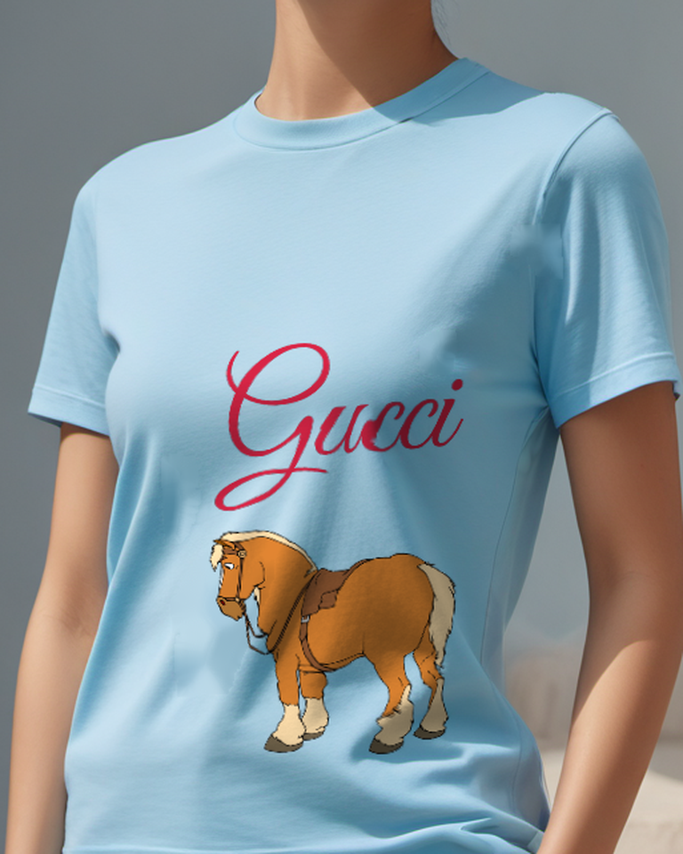 Sky Blue Cartoon Horse In Side Profile Graphic T-Shirt - model wearing view