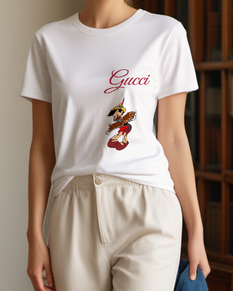 White Pinocchio Carries Chocolate Cake Graphic T-Shirt - model wearing view