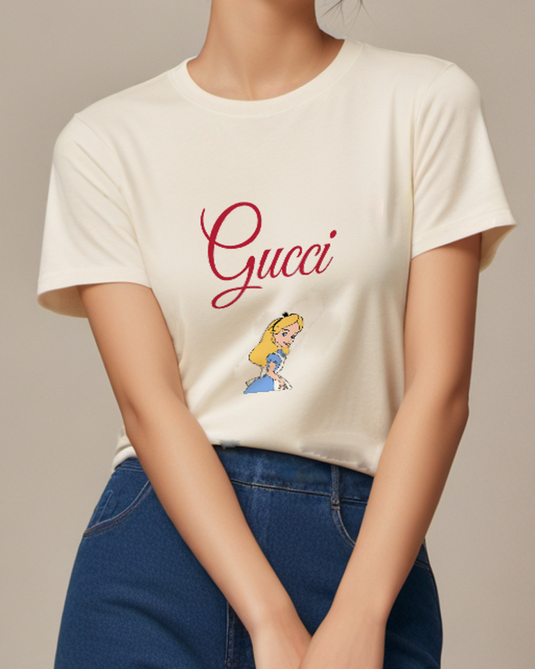 Ivory Alice In Blue Dress Leaning Forward Graphic T-Shirt - model wearing view