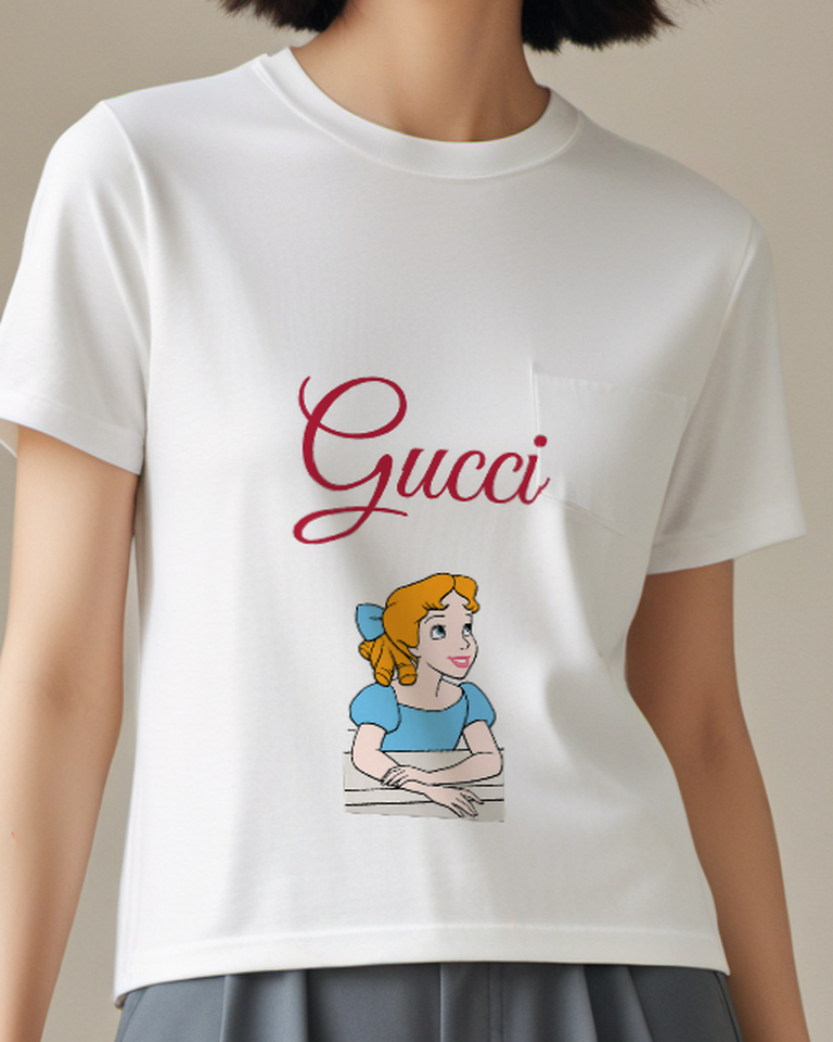 Light Gray Cartoon Girl In Blue Dress Graphic T-Shirt - model wearing view