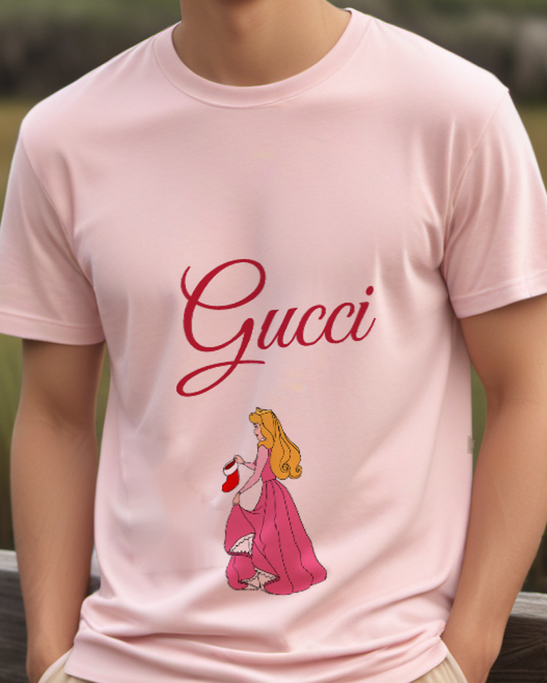 Blush Pink Aurora Holds Stocking Dressed In Gown Graphic T-Shirt - model wearing view