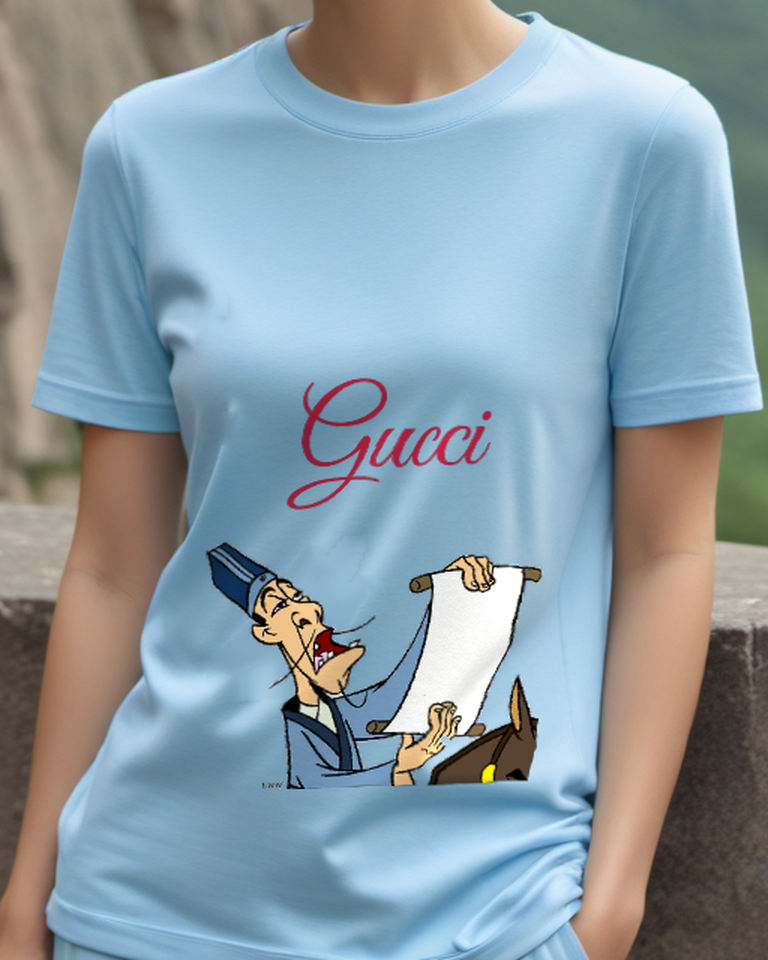 Sky Blue Chi Fu Shouting While Holding Scroll Graphic T-Shirt - model wearing view