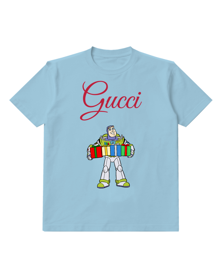 Sky Blue Buzz Lightyear Holding Gift Boxes Graphic T-Shirt - front product view