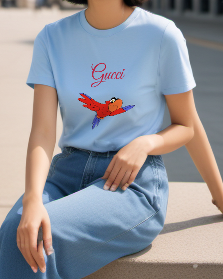 Sky Blue Gliding Red Parrot Graphic T-Shirt - styled view 2