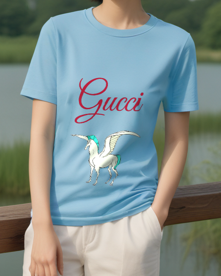 Sky Blue Flying Unicorn With Wings Graphic T-Shirt - model wearing view