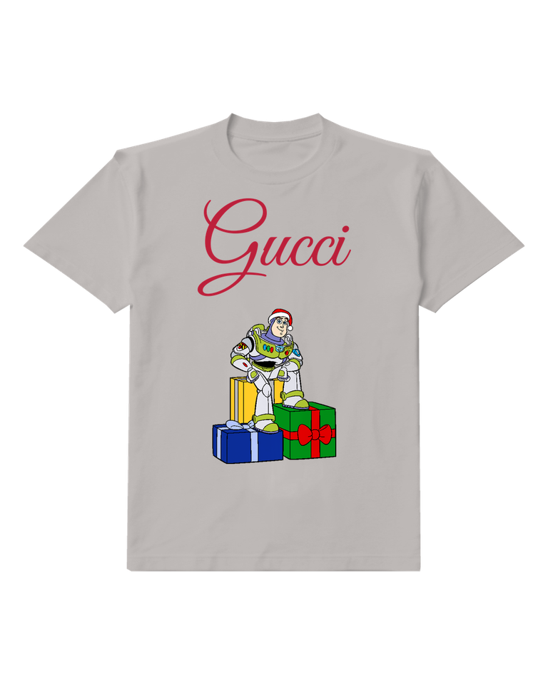 Light Gray Buzz Lightyear Sitting On Gifts Graphic T-Shirt - front product view