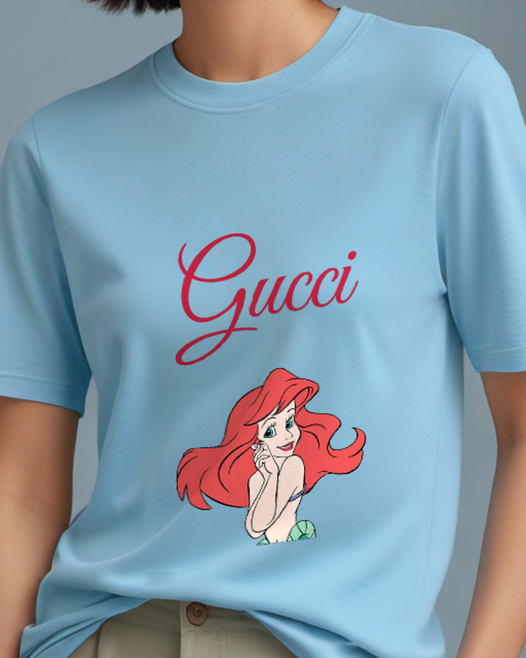Sky Blue Red Haired Mermaid Smiling Hand Near Face Graphic T-Shirt - model wearing view