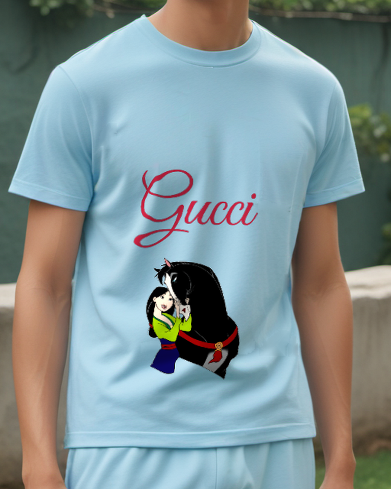 Sky Blue Mulan Hugs Black Horse Graphic T-Shirt - model wearing view
