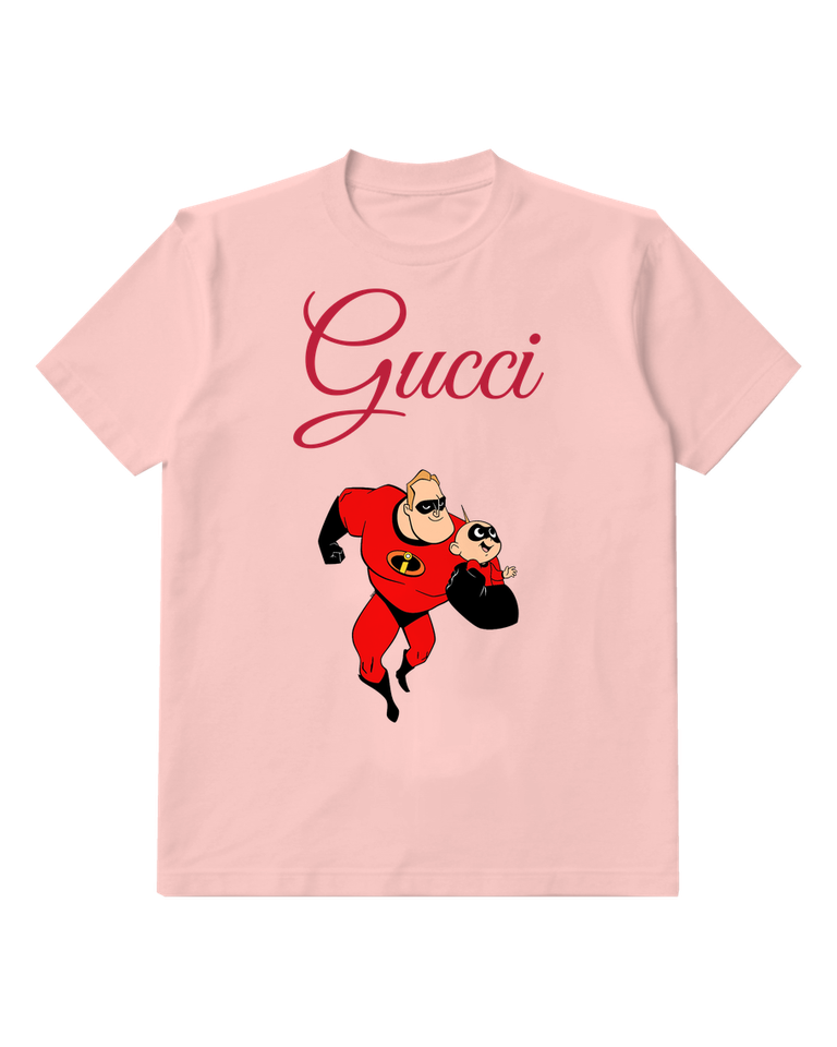 Blush Pink Mr Incredible Runs Carrying Baby Jack Jack Graphic T-Shirt - front product view