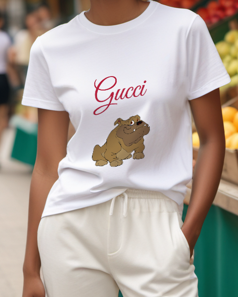 White Bulldog Cartoon Sitting Upright Graphic T-Shirt - model wearing view