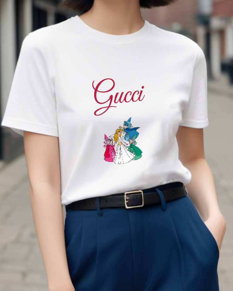 White Princess Aurora With Three Fairies Graphic T-Shirt - model wearing view
