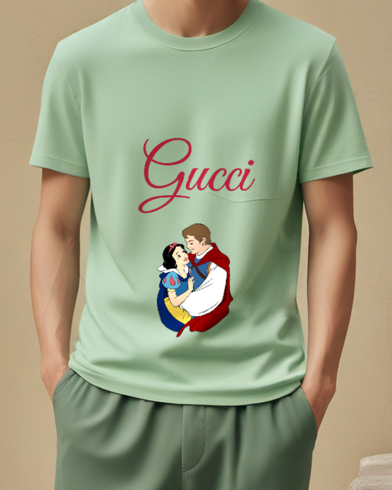 Sage Green Snow White Embraced By Prince Graphic T-Shirt - model wearing view
