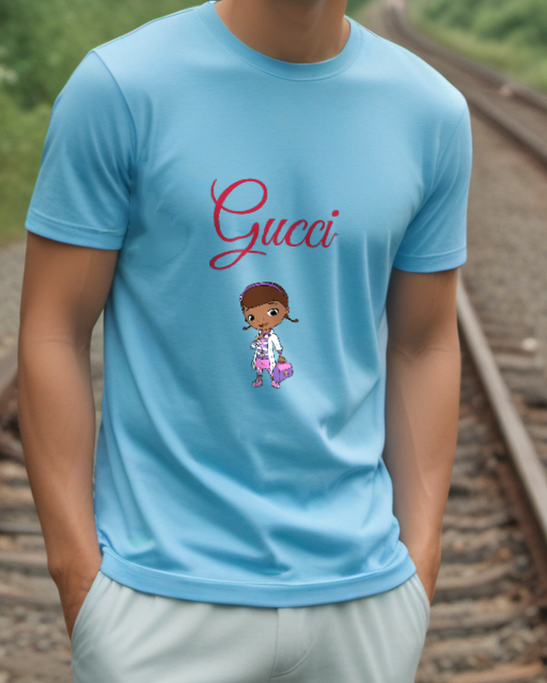 Dusty Blue Little Doctor Carrying Pink Bag Graphic T-Shirt - model wearing view