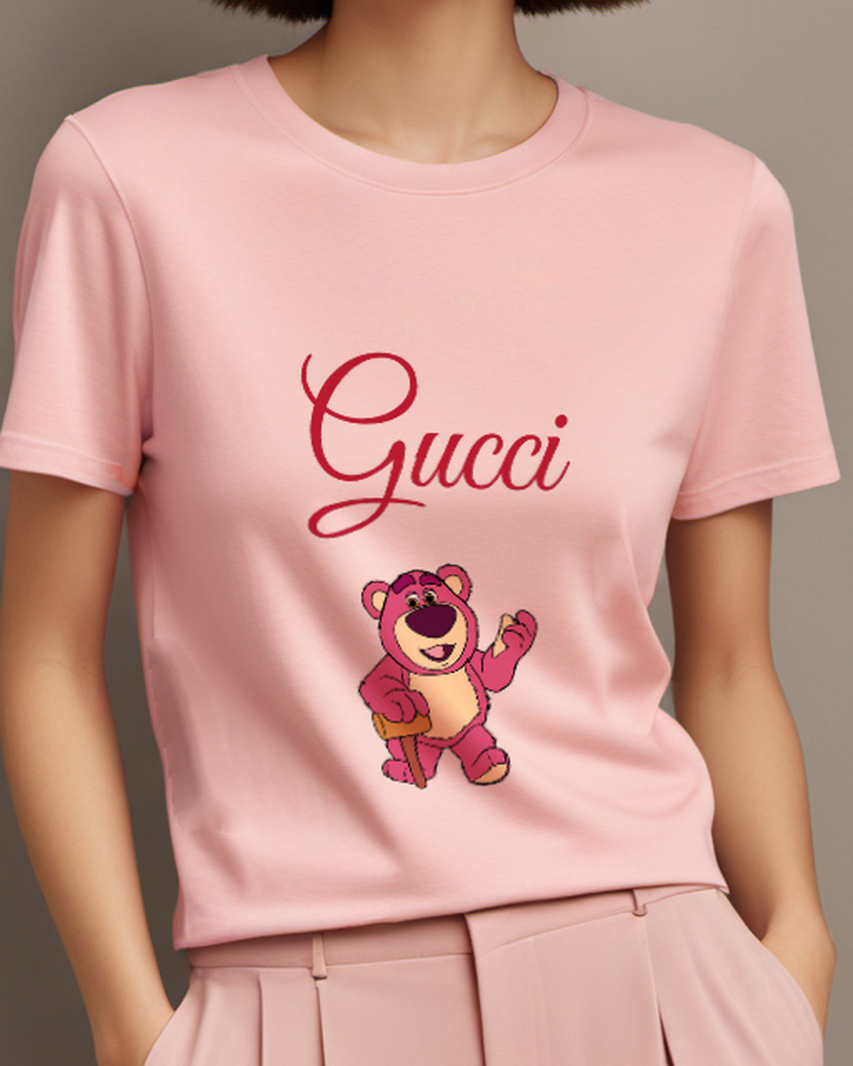 Blush Pink Pink Bear Waving With Hammer Graphic T-Shirt - model wearing view