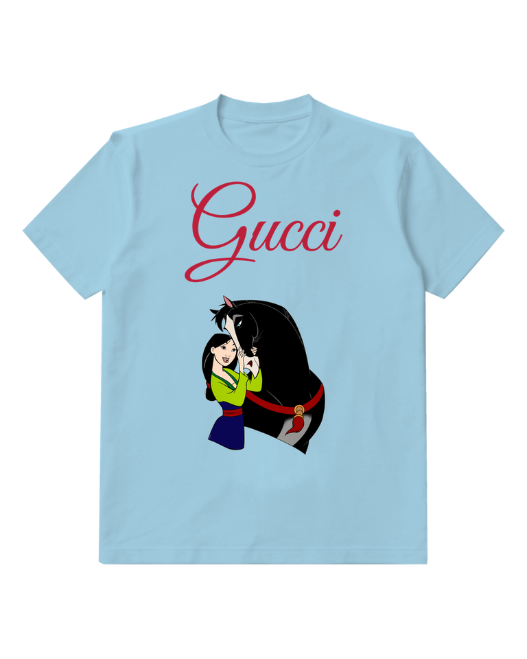 Sky Blue Mulan Hugs Black Horse Graphic T-Shirt - front product view