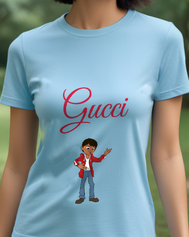 Sky Blue Red Jacket Boy Open Hand Graphic T-Shirt - model wearing view